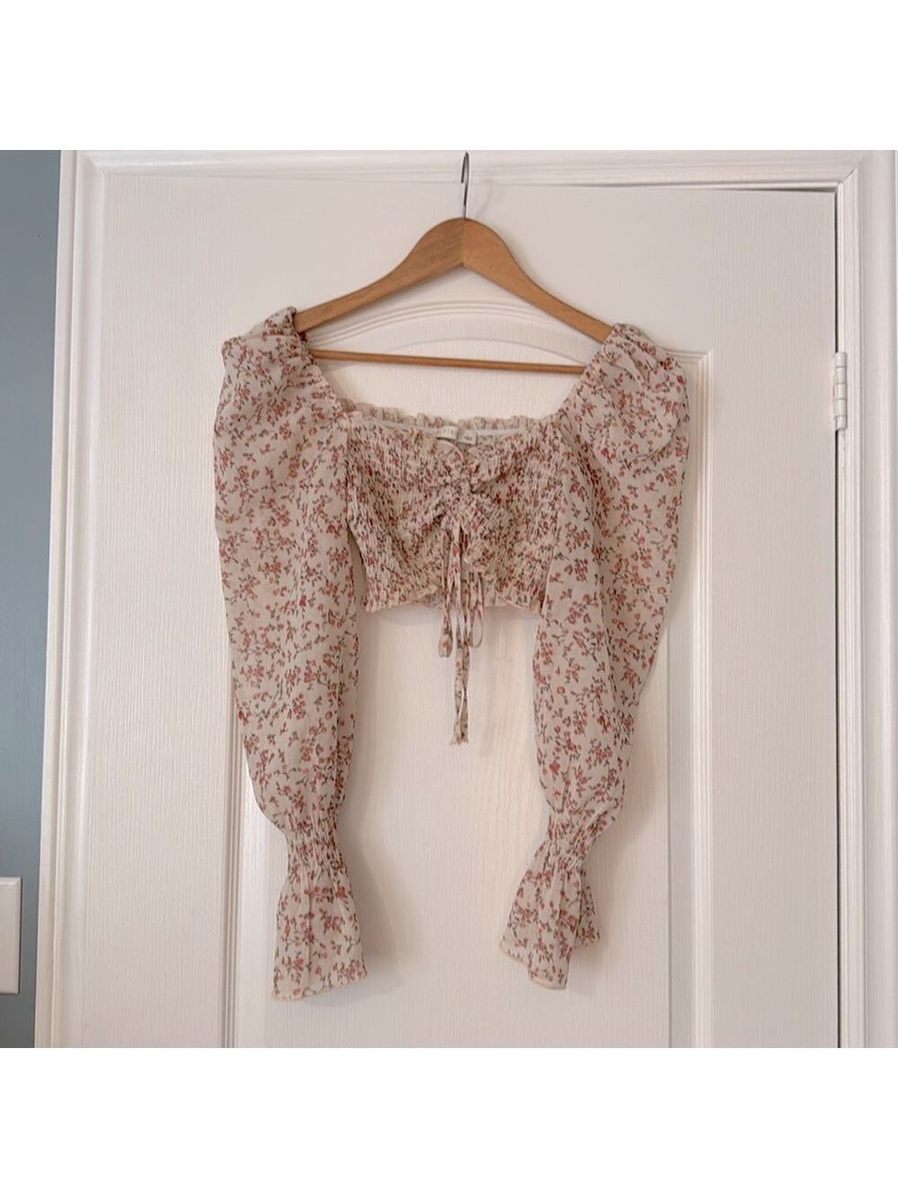 O. Vianca Floral Puff Sleeve Ruched Off Shoulder Crop Top Large